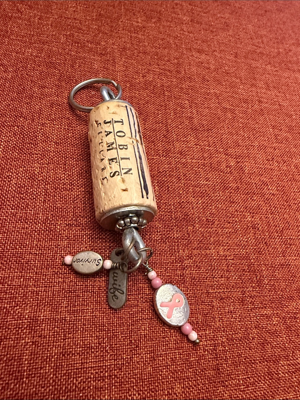 Breast Cancer Survivor for WIFE Handcrafted Pink Ribbon Cork Keychain Charm -